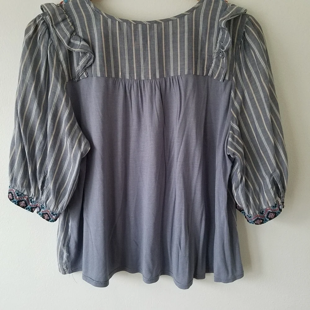 ANTHROPOLOGIE One September Embroidered Floral Ruffle Striped Blouse Size M